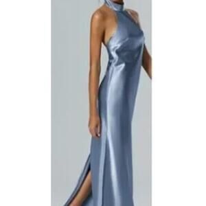 AW BRIDAL 10 L Dusty Blue satin halter Mugwort bridesmaid maxi dress NEW B113